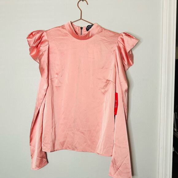 NWT LITTLE MISTRESS Women's Pink Satin Ruffle Long Sleeve Zip Back Top Size US 8 - Picture 1 of 9